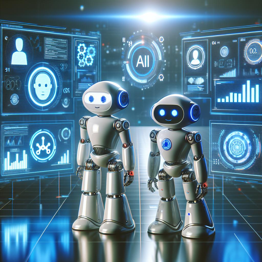 Robots analizando paneles de reputación de marca y menciones en redes sociales con dashboards de IA.