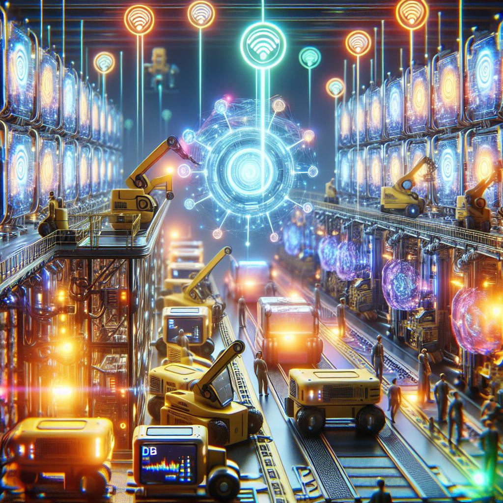 AI integration in operations: autonomous warehouse systems connected to a central AI hub for predictive maintenance and workflow automation