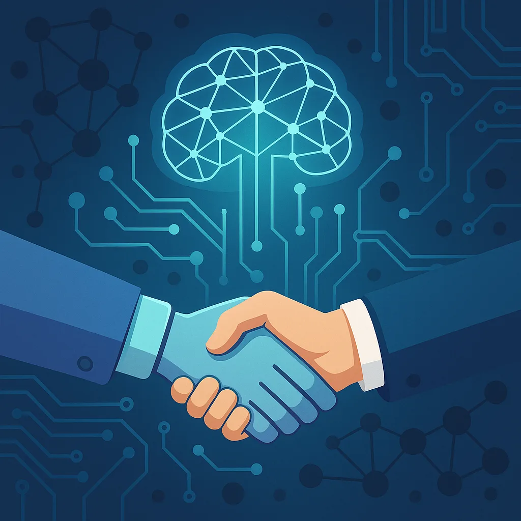 Collaborazione business-IA: stretta di mano con cervello digitale sullo sfondo