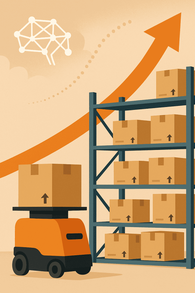 Ilustração de armazém automatizado com caixas e robô, representando integração e escalabilidade