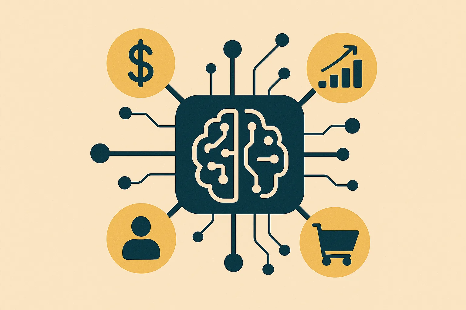 Matrice di aree business collegate a un cervello IA: finanza, marketing, vendite, e-commerce