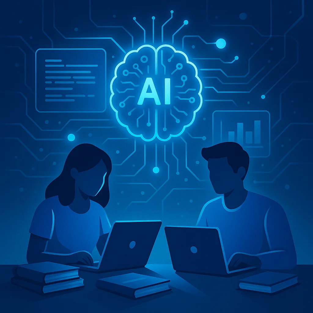 Illustrazione di formazione IA: professionisti al laptop con un cervello IA sullo sfondo