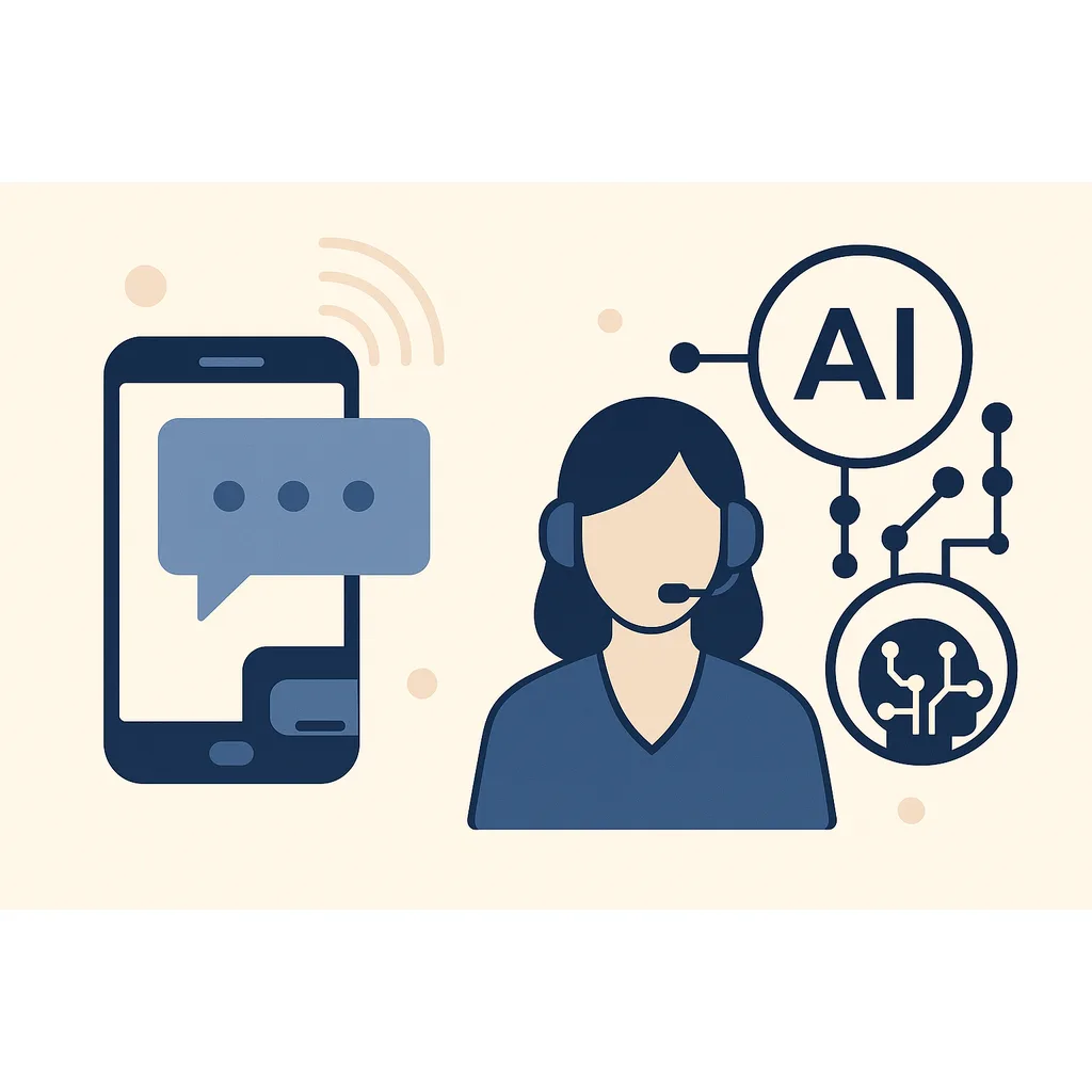 Assistenza clienti con IA: cuffie, telefono e fumetti di chat