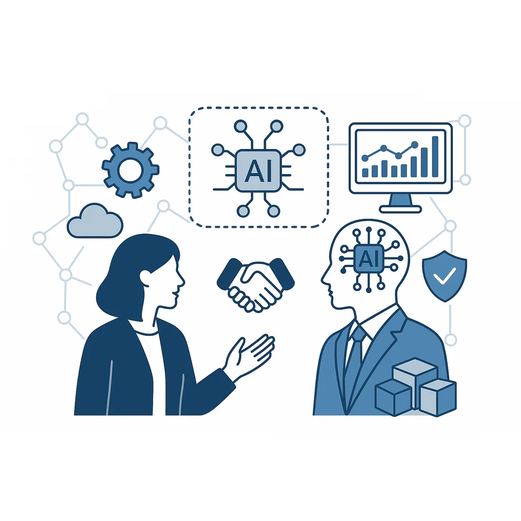 Incontro tra business e tecnologia con icone di IA, dati e sicurezza