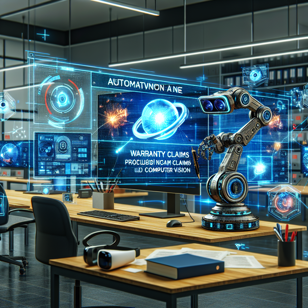 Ilustración de un brazo robótico interactuando con pantallas holográficas en una oficina futurista con escritorios y libros.