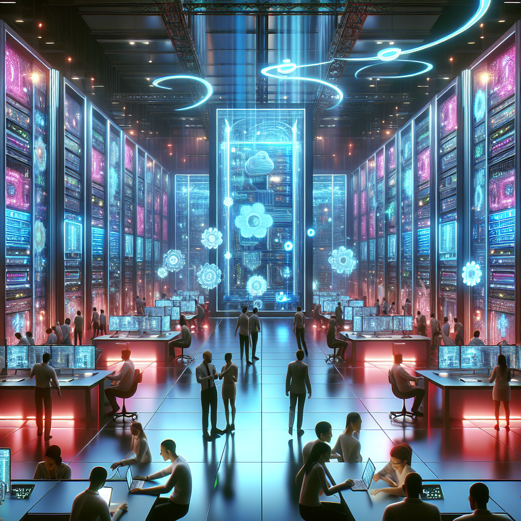 Ilustración de un centro de datos futurista con filas de servidores iluminados, luces digitales y personas caminando por un pasillo, generada con inteligencia artificial.