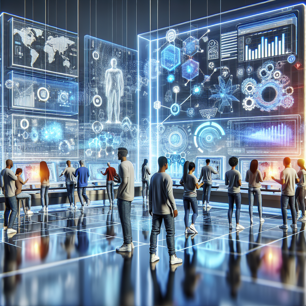 Ilustración de personas observando grandes pantallas digitales con gráficos y datos en un entorno futurista