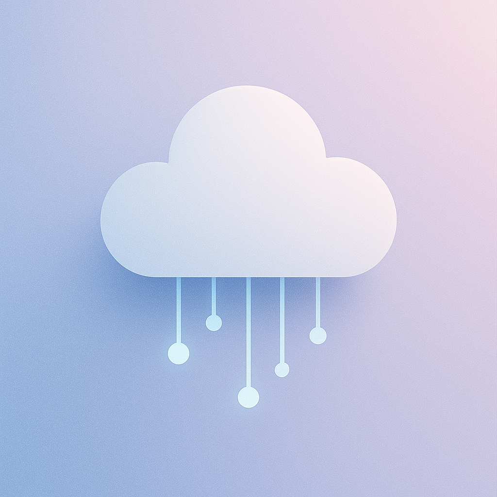 Icona minimalista di una nuvola bianca con linee verticali che si collegano a piccoli nodi su uno sfondo sfumato blu e lilla. Simboleggia l'archiviazione nel cloud o la connettività.