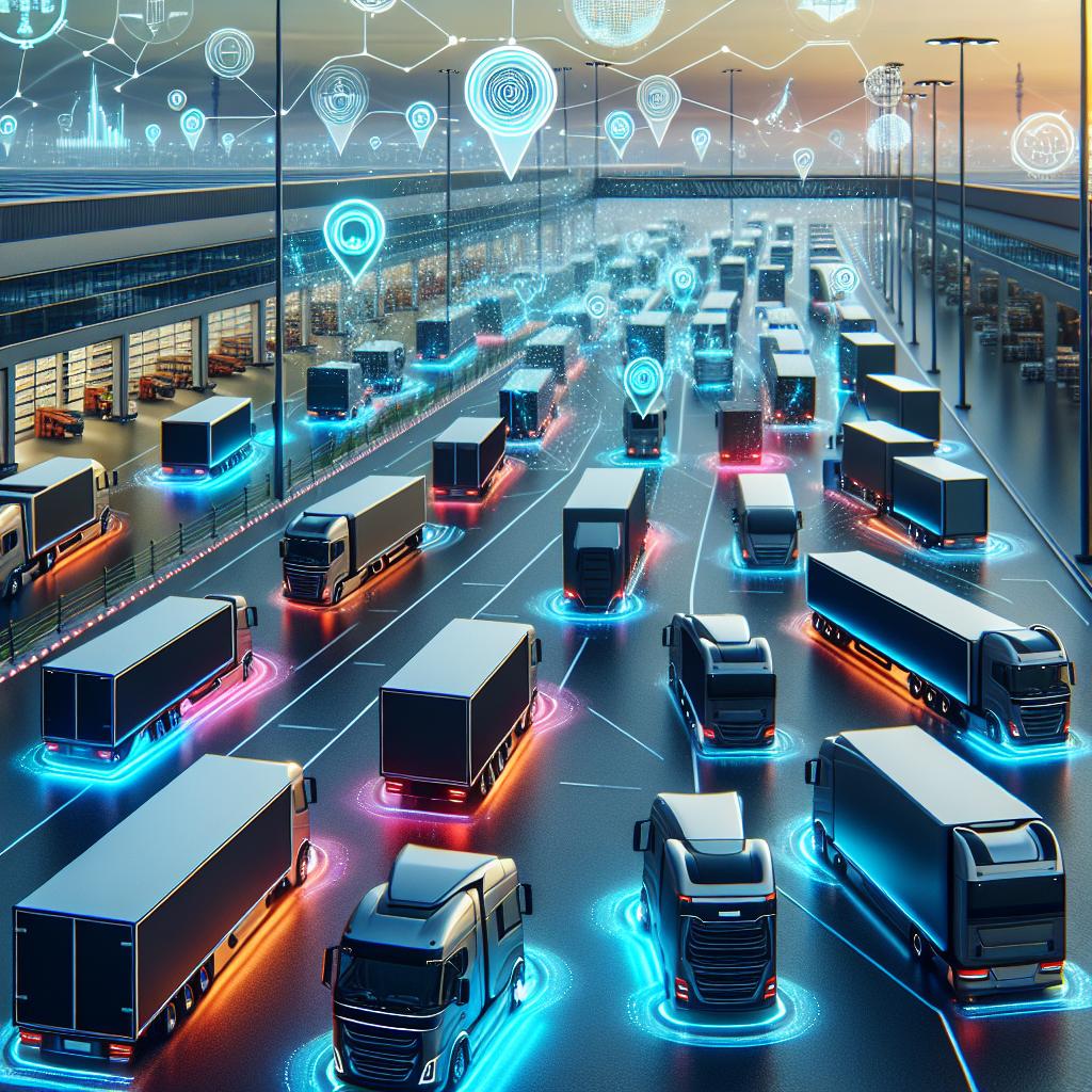 Veokite autopark telemaatika ja IoT-andmete visuaalse kihiga, mis sümboliseerib ennustavat hooldust