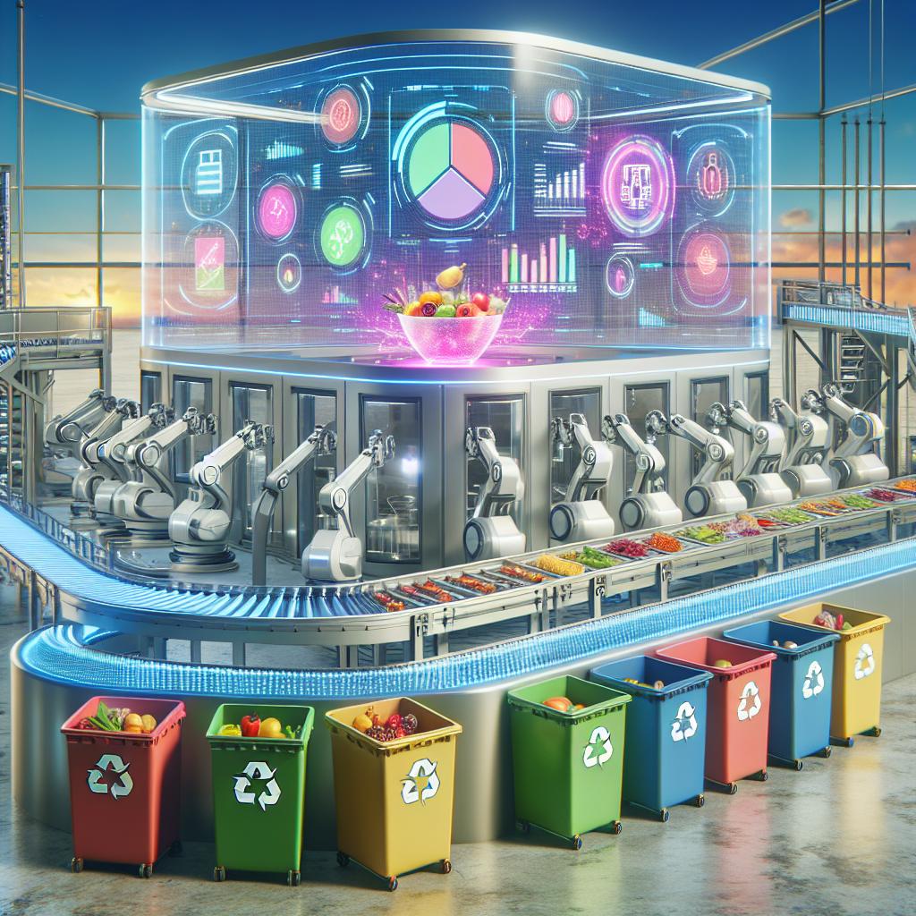 Automatiseeritud toidutootmisliin, kus robotkäed ja AI juhtpaneel optimeerivad retsepte ning vähendavad toidujäätmeid.