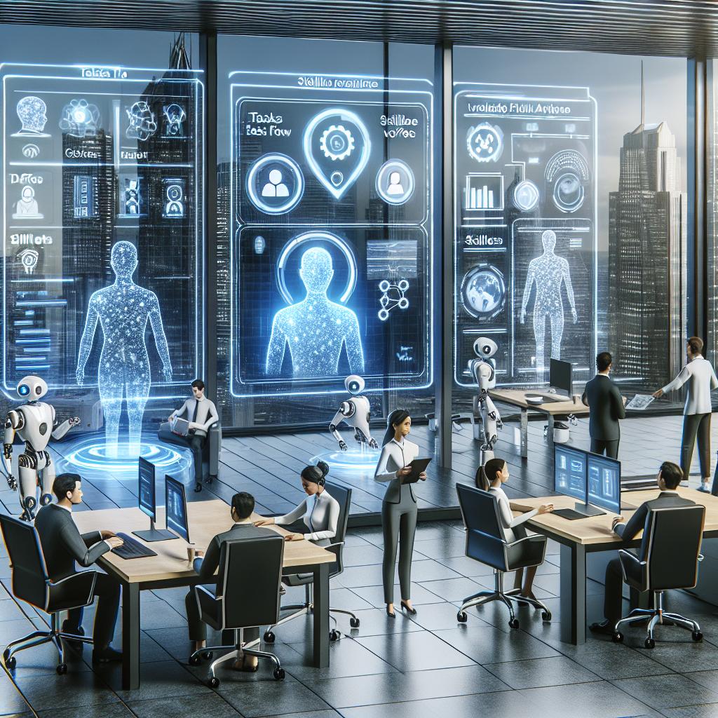 Kontorikeskkond, kus inimesed ja robotid töötavad koos; holograafilised oskusteprofiilid ja töökoormuse vaated AI-põhiseks ülesannete jaotamiseks.