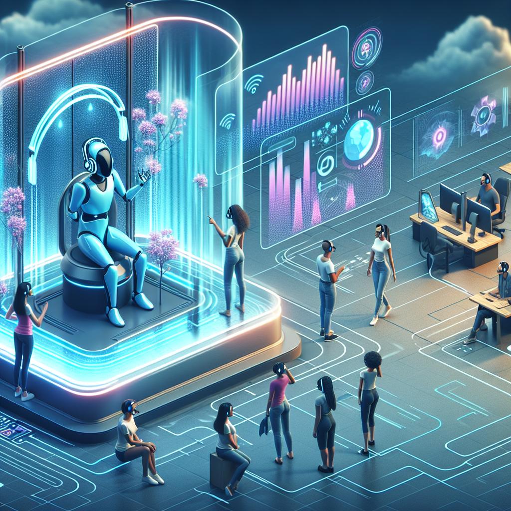 Humanoidrobot läbipaistvas kabiinis teeb reaalajas hääleanalüüsi, sümboliseerides audio ja podcasti tootmise tehnilist täpsust.