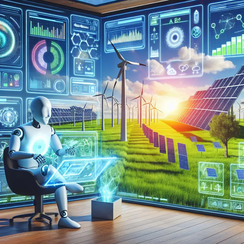 Robot analizando energía renovable con paneles solares y aerogeneradores en un panel de control