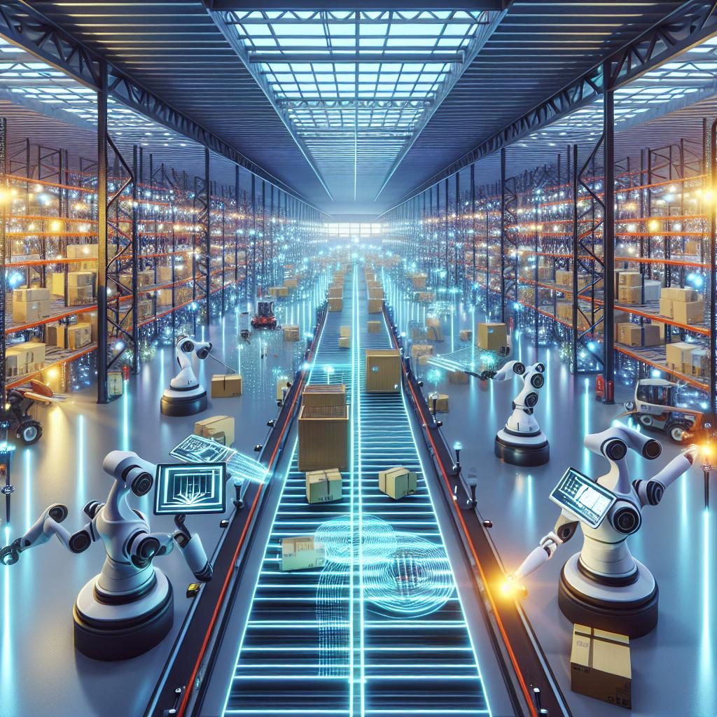 Digitaalne kaksik ja automatiseeritud ladu robotitega, mis sümboliseerib tootmise ja tarneahela simulatsiooni AI abil.