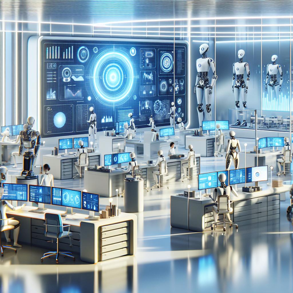 Futuristlik laborikeskkond, kus teadlased ja robotid analüüsivad tootmisandmeid ja kvaliteeti, et optimeerida retsepte.