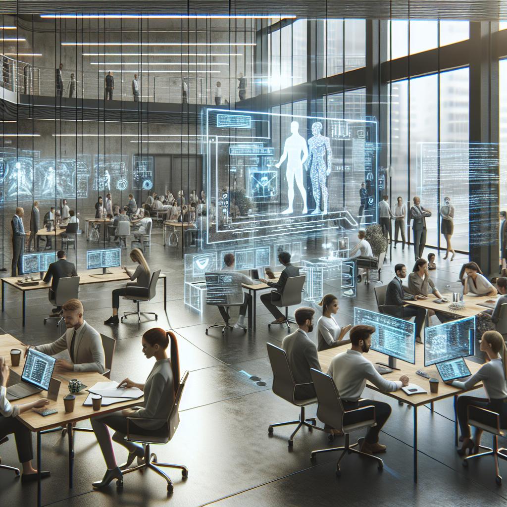 Kaasaegne kontor ja holograafilised koodiekraanid — AI copilots ja tööprotsesside optimeerimine