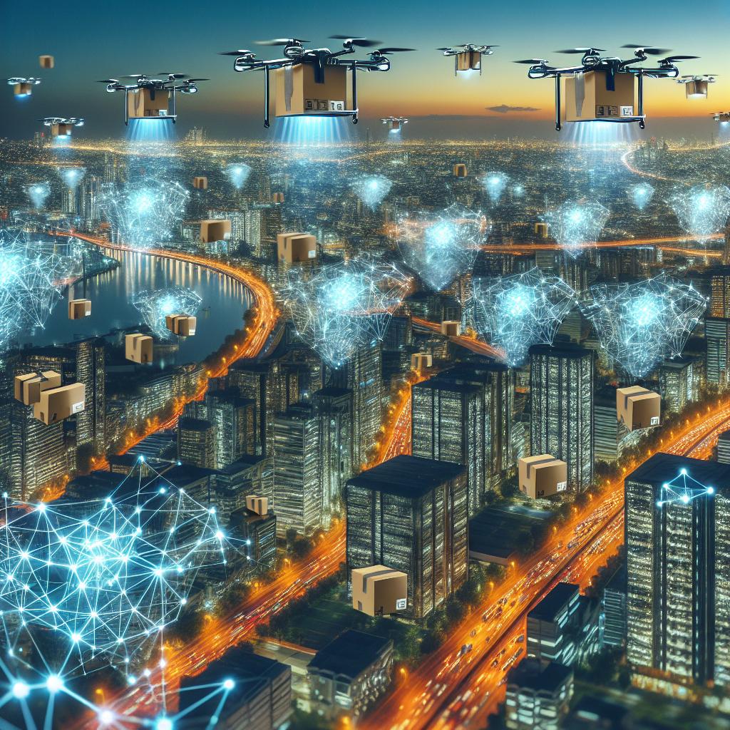 Fleet of delivery drones carrying packages over a glowing cityscape with network nodes indicating intelligent logistics monitoring.