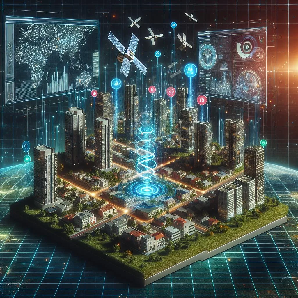 Monitorização e análise em tempo real de indicadores ESG Modelo de cidade com satélites e painéis digitais a monitorizar métricas