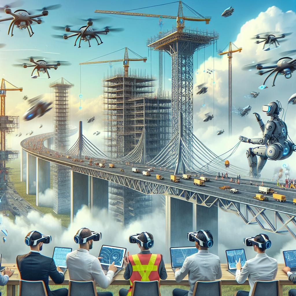 Motion design ja liikumisgraafika: futuristlik ehitusplats droonide ja robotitega – tehnoloogiline visuaalne stiil.